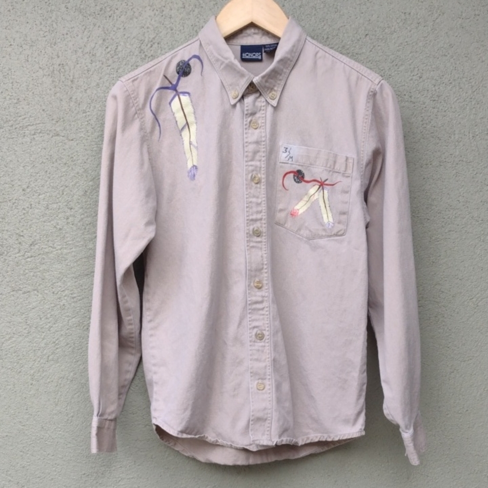 Vintage Tan Handpainted Feathers Button-up Honors Shirt Youth XL (14-16)